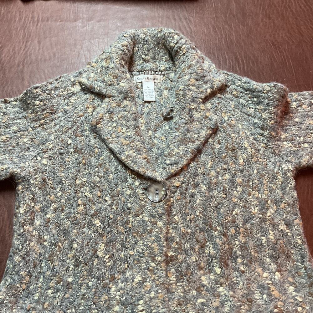 Vtg Susan Bristol Cardigan Size Medium Grey,Beige,Brown W/1 Front Button